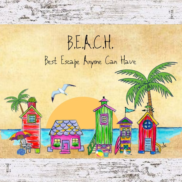 Beach Huts Watercolor Art Print: Coastal B.E.A.C.H. Decor