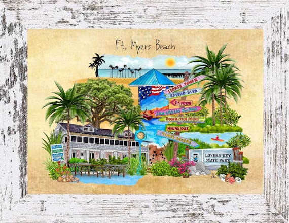 Ft. Myers Beach Watercolor Art Print: Coastal Nautical Decor