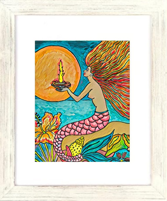 Ocean Fire Art Print, Mermaid Artwork, Framed Mermaid Art, Tropical Mermaid, Coastal Mermaid, Coastal Decor, Mermaid & Shells