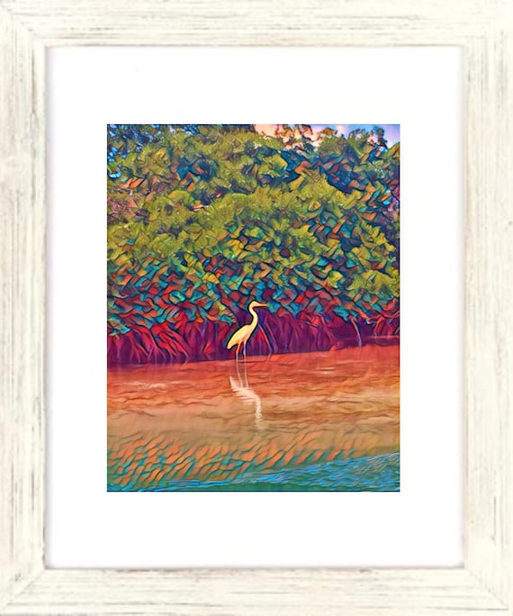 Reflections Art Print, White Egret Artwork, White Egret Art, Framed White Egret Print, Tropical Bird Art, Egret and Mangroves