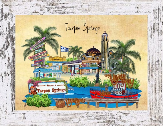 Tarpon Springs Coastal Decor,Tarpon Springs Framed Art Print,Boho Style Art,Nautical Watercolor,Tropical Wall Art,Beach Gift,Note Cards