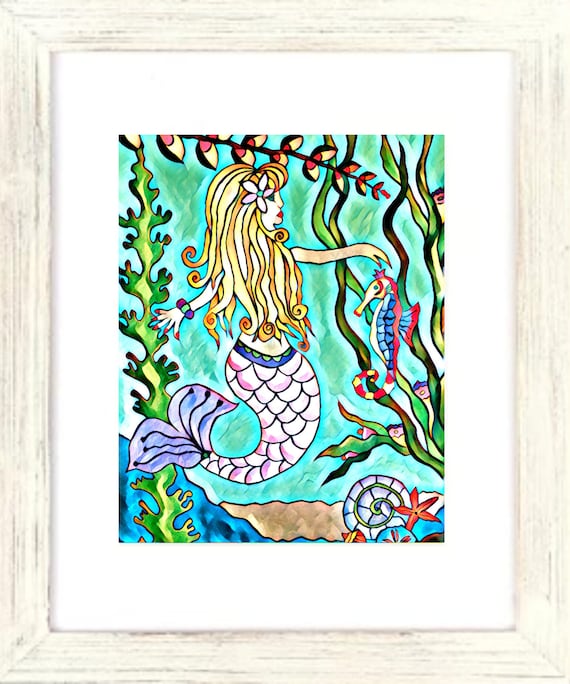 Mermaid's Garden Art Print, Mermaid Artwork, Mermaid Art, Tropical Print, Coastal Decor, Island Style Art, Mermaids