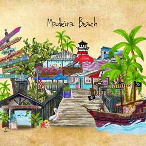 Puede incluir: Una ilustraci&oacute;n de acuarela de Madeira Beach, Florida. La ilustraci&oacute;n presenta un barco pirata, un faro, palmeras y un paseo mar&iacute;timo con carteles que se&ntilde;alan a varias atracciones locales. El texto "Madeira Beach" est&aacute; escrito en la parte superior de la ilustraci&oacute;n.