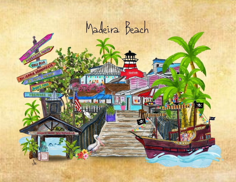 Puede incluir: Una ilustraci&oacute;n de acuarela de Madeira Beach, Florida. La ilustraci&oacute;n presenta un barco pirata, un faro, palmeras y un paseo mar&iacute;timo con carteles que se&ntilde;alan a varias atracciones locales. El texto "Madeira Beach" est&aacute; escrito en la parte superior de la ilustraci&oacute;n.
