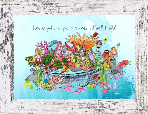 Pickleball, Tennis or Golf Mermaids Coastal Decor, Framed Art Print, Watercolor Mermaids, Beach Art, Pickleball, Tennis or Golf Note Cards