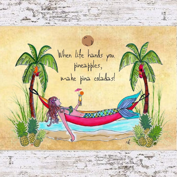 Pina Colada Mermaid Art Print: Tropical Coastal Decor