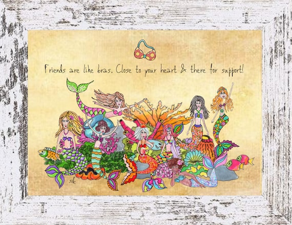 Mermaids & Bras Coastal Decor,Mermaids Framed Art Print,Boho Style Art,Nautical Watercolor,Tropical Wall Art,Note Cards