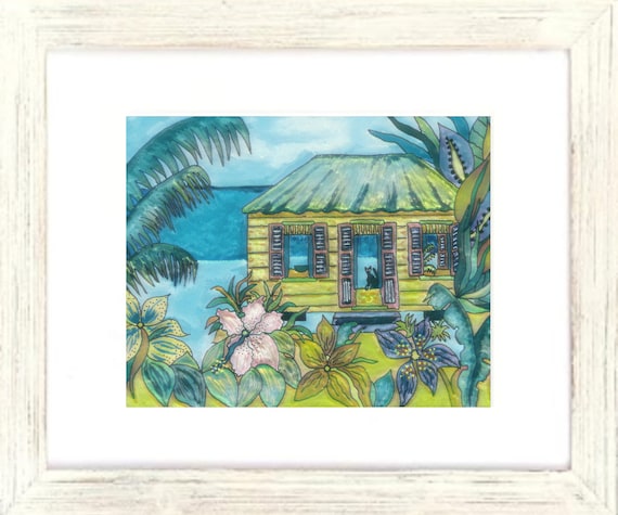 Calypso Cottage Framed Art Print, Framed Caribbean Cottage Artwork, Tropical Art, Beach Art, Caribbean Art, Coastal Decor, Beach Decor