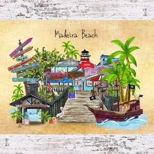 Puede incluir: Una ilustraci&oacute;n de acuarela de Madeira Beach, Florida, con un barco pirata, palmeras, un faro y un paseo mar&iacute;timo con tiendas y restaurantes. El texto "Madeira Beach" est&aacute; escrito en la parte superior de la imagen.