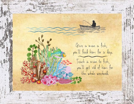 Fisherman Coastal Decor,Tropical Framed Art Print,Nautical Watercolor,Fisherman and Coral Reef Wall Art, Fish Art, Note Cards
