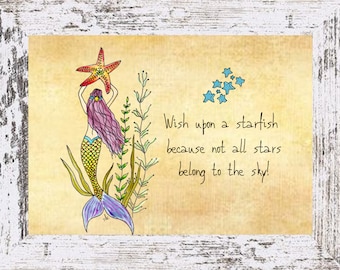 Mermaid Starfish Wishes Coastal Decor, Mermaid Framed Art Print,Boho Style Art,Nautical Watercolor,Tropical Wall Art,Ocean Themed Painting