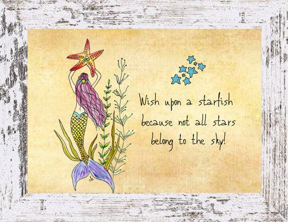 Mermaid Starfish Wishes Coastal Decor, Mermaid Framed Art Print,Boho Style Art,Nautical Watercolor,Tropical Wall Art,Note Cards