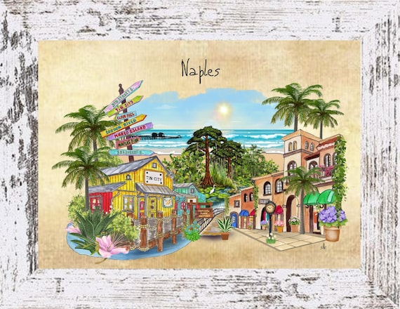 Naples Art Print: Coastal Watercolor Painting, Tropical Town Collage