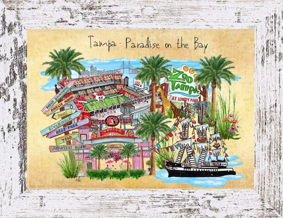 Tampa Coastal Decor,Tampa Framed Art Print,Boho Style Art,Nautical Watercolor,Tropical Wall Art,Zoo Tampa,Tampa Bay Buccaneers,Ybor City