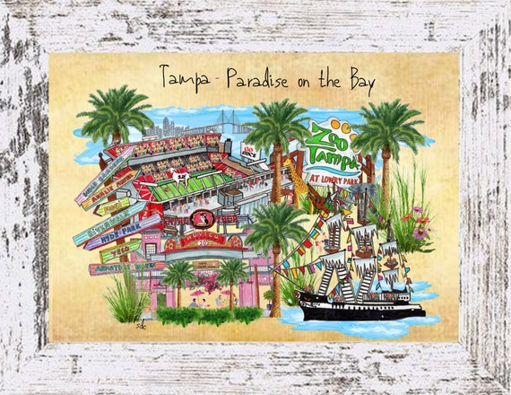 Tampa Coastal Decor,Tampa Framed Art Print,Boho Style Art, Watercolor,Tropical Wall Art,Zoo Tampa,Tampa Bay Buccaneers,Ybor City,Note Cards