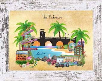 May include: A colourful illustration of a beach scene with palm trees, a bridge, and a sign that says "Beach Access". The text "The Redingtons" is at the top of the image.