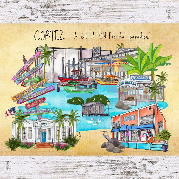Cortez Florida Coastal Decor, Cortez Florida Framed Art Print, Boho Style Art, Nautical Watercolor, Tropical Wall Art, Ocean Theme Painting