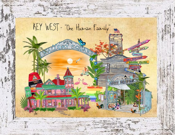 Key West One Human Family Coastal Decor,Key West Framed Art Print,Boho Style Art,Nautical Watercolor,Tropical Wall Art,Key West Florida