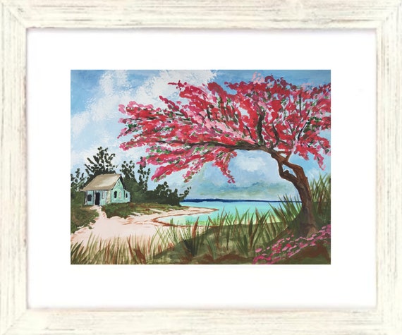 Bungalow Bay Framed Art Print, Framed Tropical Artwork, Beach Art, Colorful Acrylic Print. Coastal Decor, Beach Decor