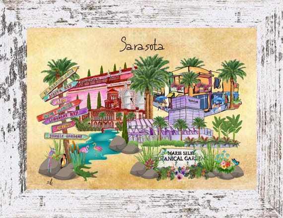 Sarasota Coastal Decor,Sarasota Framed Art Print,Boho Style Art,Nautical Watercolor,Tropical Wall Art,Note Cards