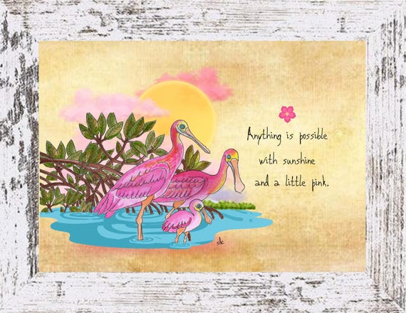 Roseate Spoonbill Art Print: Coastal Watercolor, Boho Nautical Decor