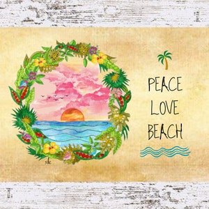 Peace Love Beach Sunset Coastal Decor,Beach Sunset Framed Art Print,Boho Style Art,Nautical Watercolor,Tropical Wall Art,Beach Gift