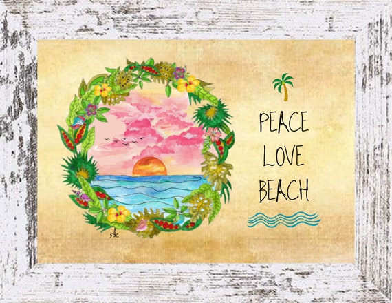 Peace Love Beach Sunset Coastal Decor,Beach Sunset Framed Art Print,Boho Style Art,Nautical Watercolor,Tropical Wall Art,Note Cards