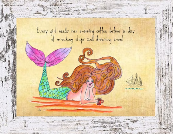 Mermaid & Coffee,Coastal Decor,Mermaid Framed Art Print,Boho Style Art,Nautical Watercolor,Tropical Wall Art, Ocean Painting,Note Cards