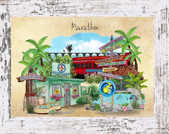 Impresión de Marathon Florida Keys: Arte costero en acuarela, decoración de playa