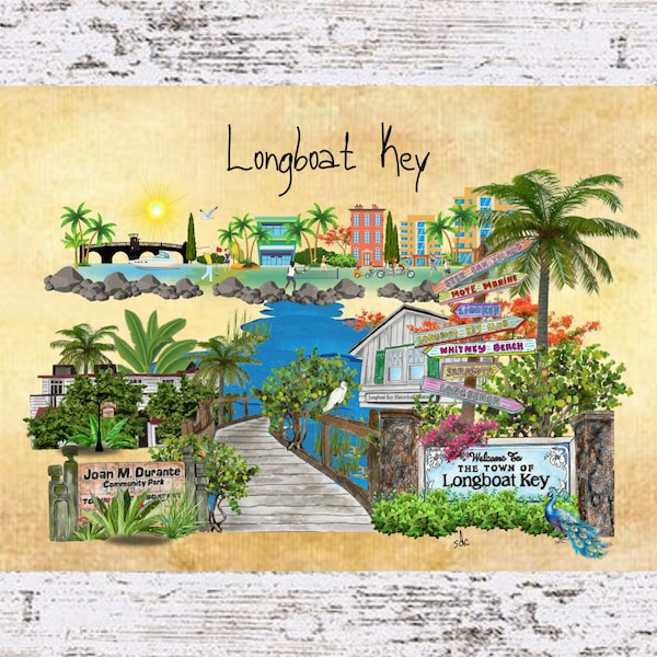 Longboat Key Coastal Decor,Longboat Key Framed Art Print,Nautical Watercolor,Tropical Wall Art,Ocean Themed Painting,Longboat Key Florida