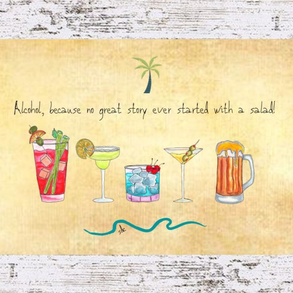 Cocktails Coastal Art Print: Boho Watercolor Tropical Decor