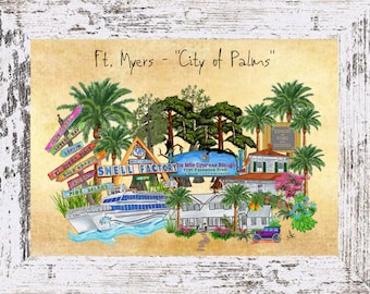 Pode incluir: Uma ilustração colorida de Fort Myers, Flórida, representando palmeiras, um barco, um edifício com o texto "Shell Factory" e uma placa que diz "Ft. Myers - "City of Palms"".
