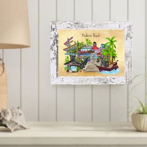 Puede incluir: Una impresi&oacute;n enmarcada en blanco con un aspecto desgastado que presenta una ilustraci&oacute;n colorida de una ciudad costera con el texto "Madeira Beach" en la parte superior.