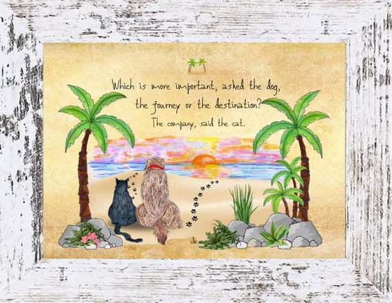 Dog and Cat on Beach Coastal Decor, Beach Dog & Cat Framed Art Print,Boho Style Art,Nautical Watercolor,Tropical Wall Art, Note Cards