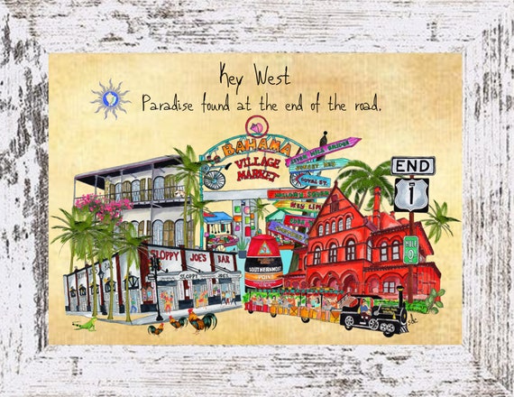 Key West Paradise Coastal Decor,Key West Art Print, Boho Style Art,Nautical Watercolor,Tropical Wall Art, Key West Florida,Note Cards