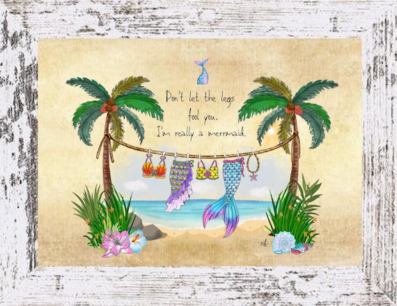 Mermaid Clothesline Art Print: Coastal Watercolor, Boho Nautical Decor
