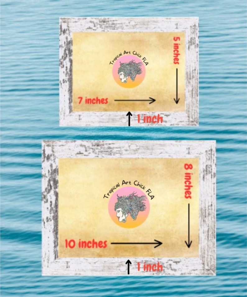 Puede incluir: Dos impresiones enmarcadas de una ilustraci&oacute;n colorida de la cara de una mujer con el texto "Tropical Art Chick FLA". La impresi&oacute;n m&aacute;s peque&ntilde;a mide 7 pulgadas de ancho por 5 pulgadas de alto. La impresi&oacute;n m&aacute;s grande mide 10 pulgadas de ancho por 8 pulgadas de alto.