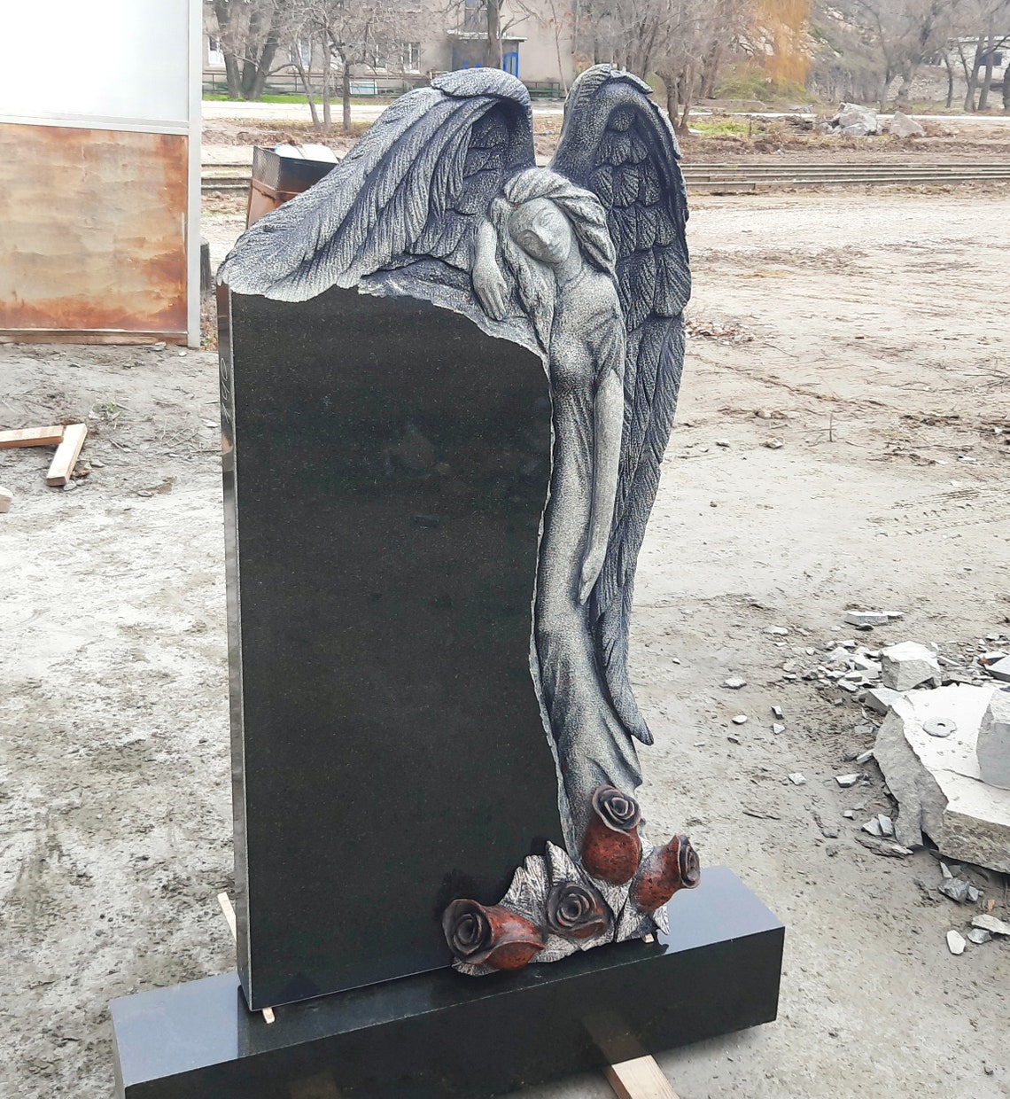 Memorial headstone with angel carved from two kinds of Etsy