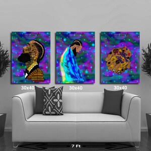 May include: Three 30x40 inch canvas prints featuring a portrait of rapper Nipsey Hussle. The first print shows Hussle in a black tuxedo with a bow tie, the second print shows Hussle in a blue jacket, and the third print shows a hand with the words "Hood & Unit" written on it.