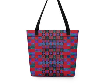 Urban Mosaic Tote Bag | Red Blue Geometric Shoulder Bag