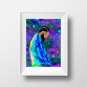 May include: A framed art print featuring a stylized illustration of a person with a beard and braids, wearing a blue jacket. The background is a vibrant mix of purple, blue, and green with the text "Nipsey Hussle".