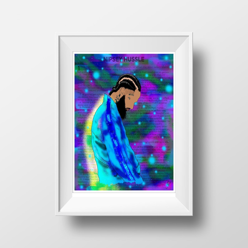 May include: A framed art print featuring a stylized illustration of a person with a beard and braids, wearing a blue jacket. The background is a vibrant mix of purple, blue, and green with the text "Nipsey Hussle".