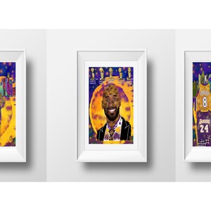 K&ouml;nnte beinhalten: Drei gerahmte Kunstdrucke mit farbenfrohen Illustrationen. Einer zeigt ein Paar, ein anderer ein Portr&auml;t und der dritte Basketballtrikots. Das Kunstwerk hat eine lebendige Farbpalette mit einer Stadtlandschaft im Hintergrund.