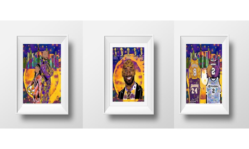 K&ouml;nnte beinhalten: Drei gerahmte Kunstdrucke mit farbenfrohen Illustrationen. Einer zeigt ein Paar, ein anderer ein Portr&auml;t und der dritte Basketballtrikots. Das Kunstwerk hat eine lebendige Farbpalette mit einer Stadtlandschaft im Hintergrund.