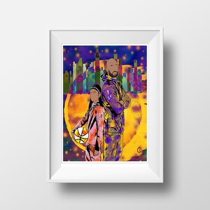 May include: A framed art print featuring a stylized illustration of two figures standing in front of a cityscape. The figures are depicted in a vibrant color palette, with one holding a basketball. The background includes a large yellow circle and a purple and blue skyline.