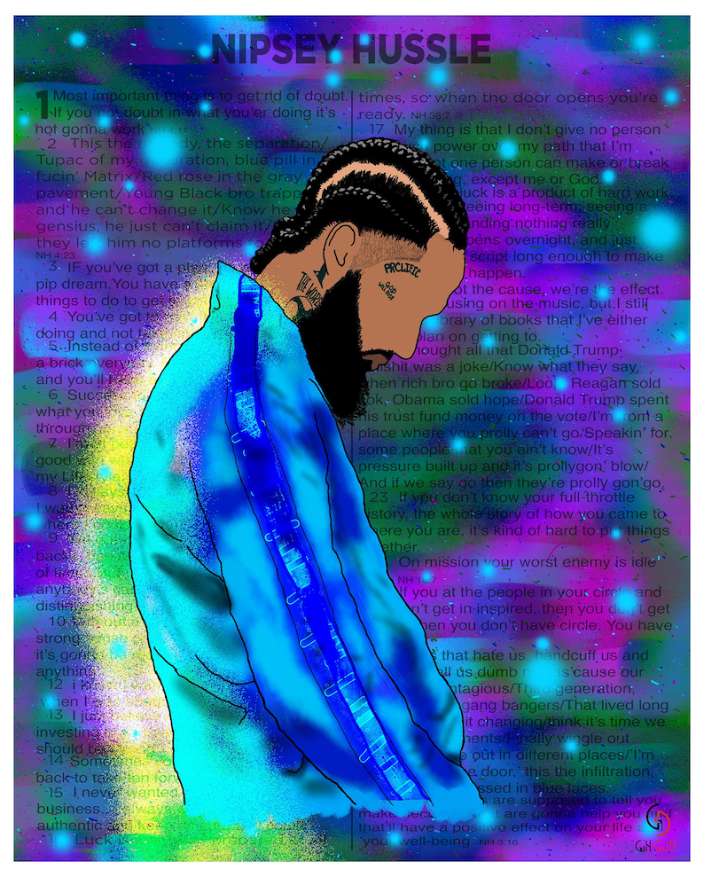 May include: A vibrant art print featuring a side profile of a man with intricate braided hair and a beard, wearing a blue jacket. The background is filled with text and colorful accents, including the words "Nipsey Hussle."