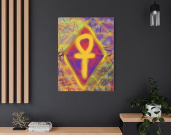 May include: A colorful abstract painting with a yellow Ankh symbol in the center. The Ankh is surrounded by a diamond shape with red, purple, and yellow colors. The background is a mix of yellow, orange, and blue colors with black lines.