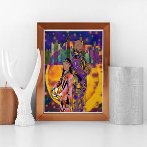 May include: A framed art print featuring a stylized illustration of two figures, one holding a basketball. The artwork has a vibrant color palette with purple, yellow, and orange hues. The background includes a cityscape and a starry sky.