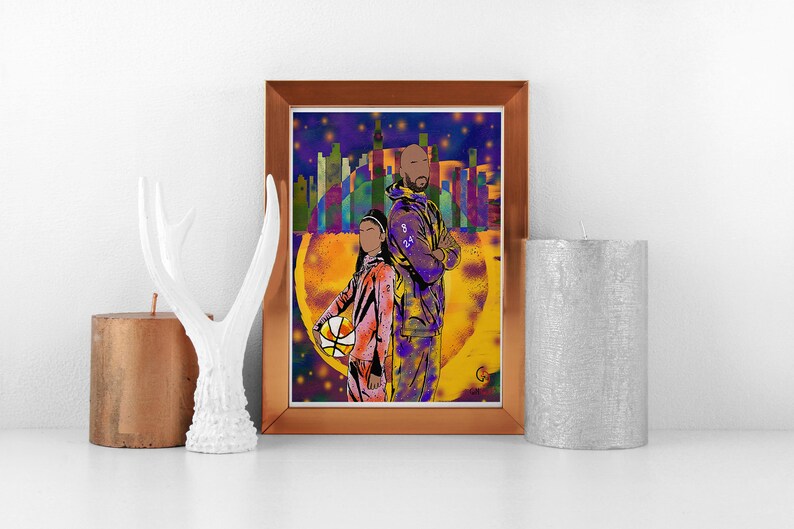 May include: A framed art print featuring a stylized illustration of two figures, one holding a basketball. The artwork has a vibrant color palette with purple, yellow, and orange hues. The background includes a cityscape and a starry sky.