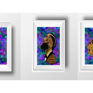 May include: Three framed art prints. The first depicts a figure in blue and yellow against a colorful background. The second shows a profile with a beard and gold accents. The third features a cookie with text.